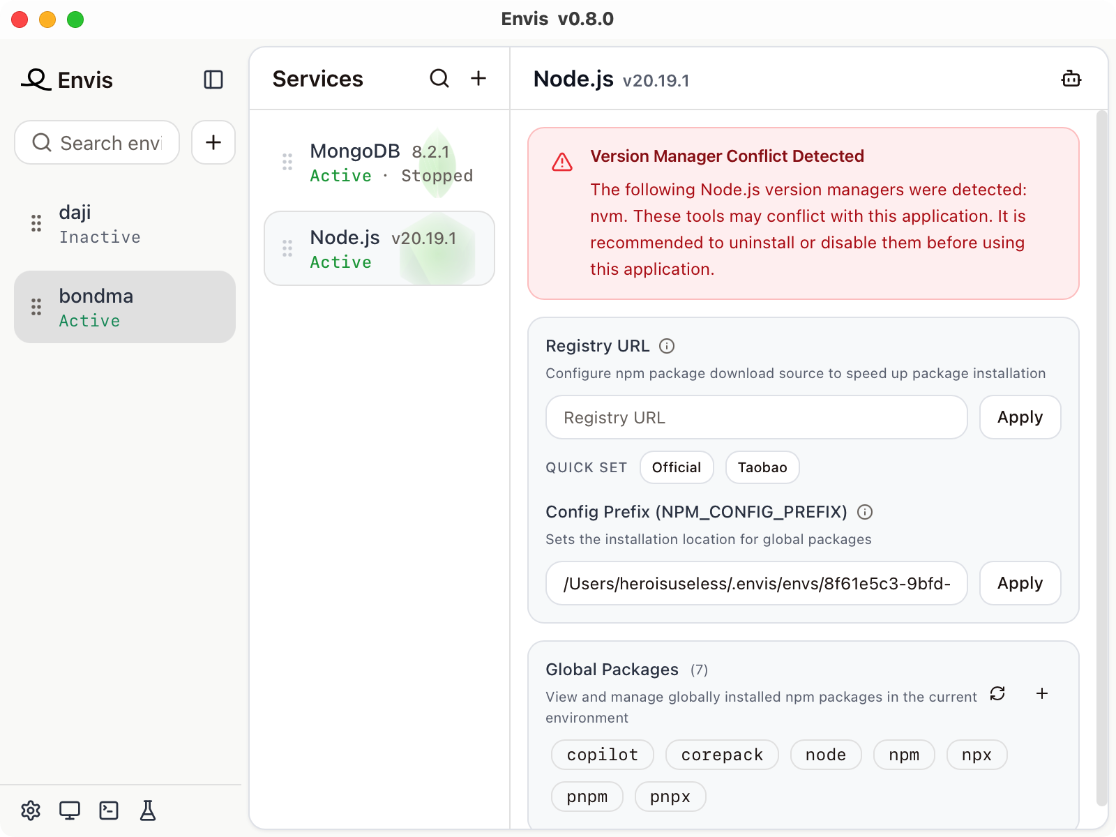 Configuring Node.js environment settings in Envis